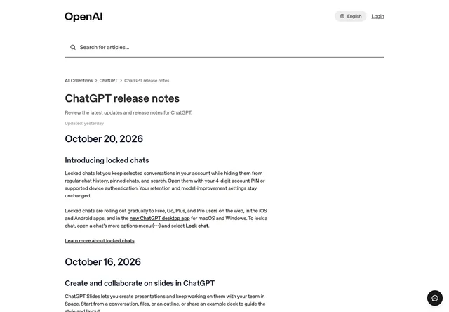 ChatGPT 发布说明页首屏，显示 October 20, 2026 的 Introducing locked chats 段落，其中写着 rolling out gradually to Free, Go, Plus, and Pro users