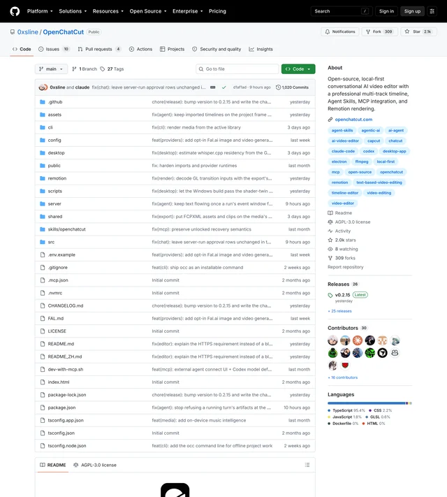 0xsline/OpenChatCut 的 GitHub 仓库首页