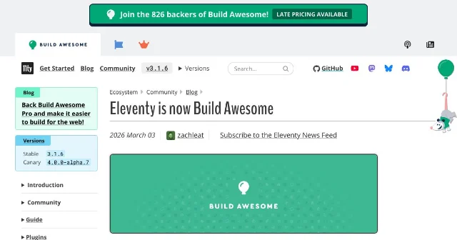 The 11ty.dev blog announcing the rebrand to Build Awesome, with Kickstarter banner visible