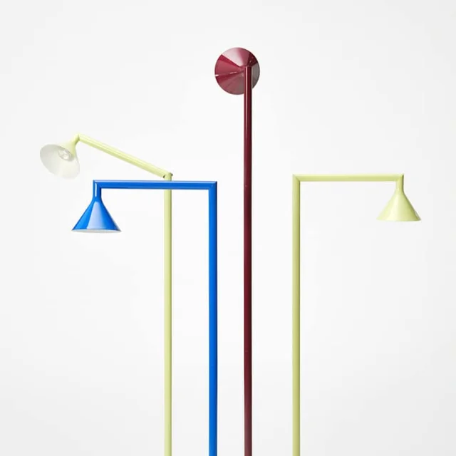 Ikea PS 2026 floor uplighter lamp — articulated cylindrical design in dark red