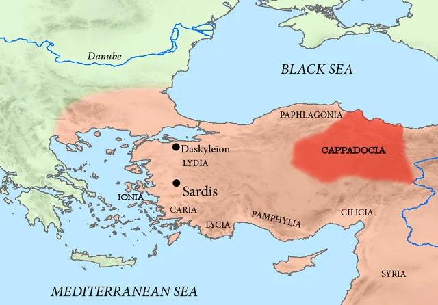 The Achaemenid satrapy of Cappadocia, outlined in dark red on a map of Anatolia and the Near East