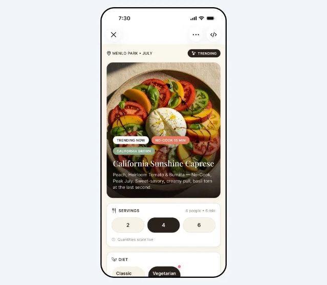 Meta AI phone interface showing a personalized recipe card with a scheduled briefing time