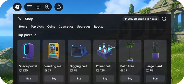 Roblox in-game Shop interface with 20 percent discount badge