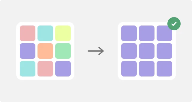 A 3×3 color grid changing from mixed colors to a uniform purple grid with a green check mark