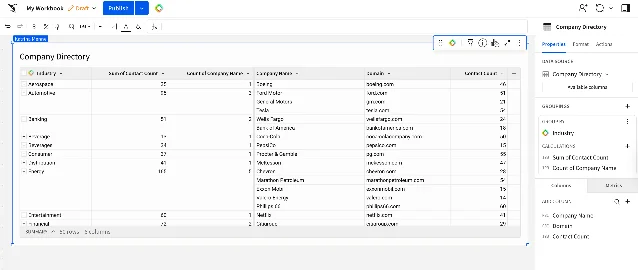 Sigma 官方示例:AI Column 生成的「Company Directory」结果回到工作簿,成为可分组和聚合的字段