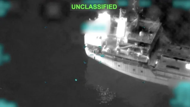 CENTCOM video still showing MT Jalveer being disabled in the Gulf of Oman, June 10, 2026