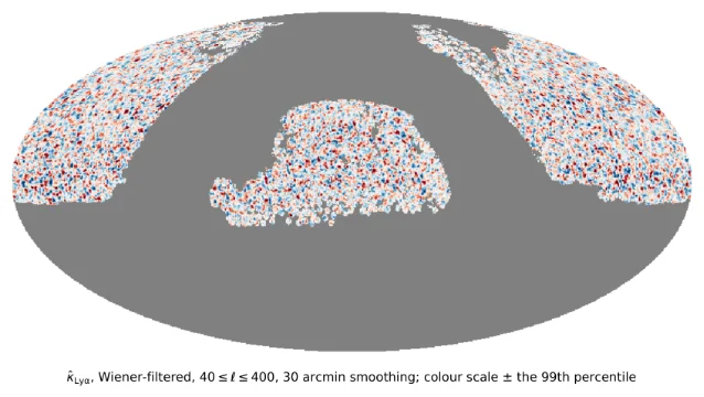 A Mollweide projection of the sky with the observed footprint filled by a fine red-and-blue mottled map and the unobserved region in flat grey, captioned as a Wiener-filtered convergence template