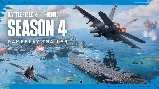 Battlefield 6 thumbnail with a large left-side title block and naval action on the right