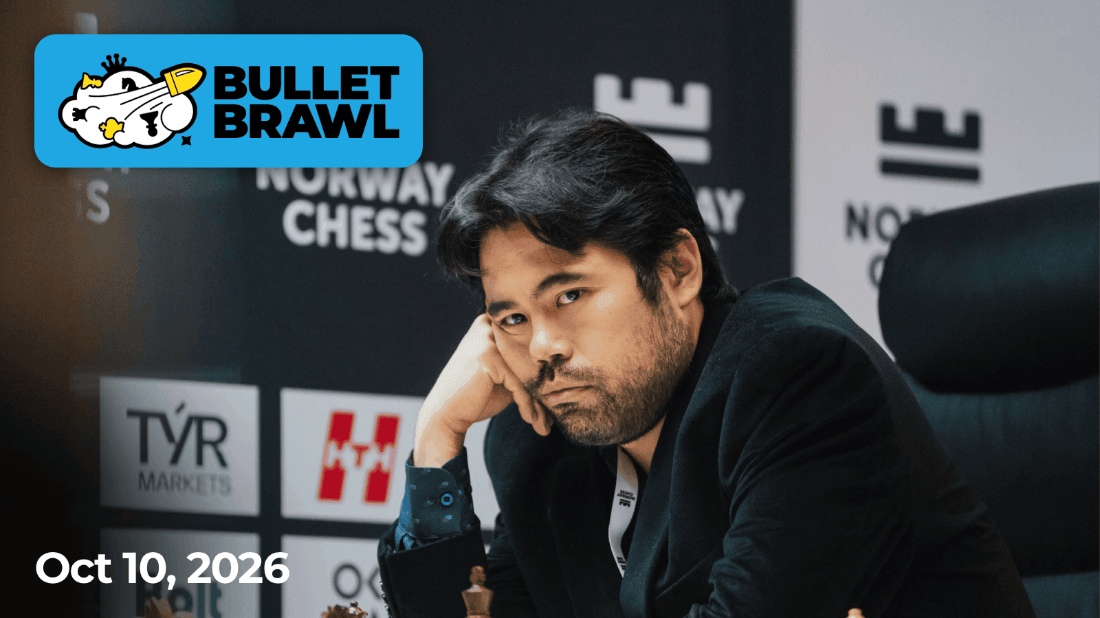 A Bullet Brawl winner card showing Hikaru Nakamura against a Norway Chess backdrop, with the event logo and the date October 10, 2026