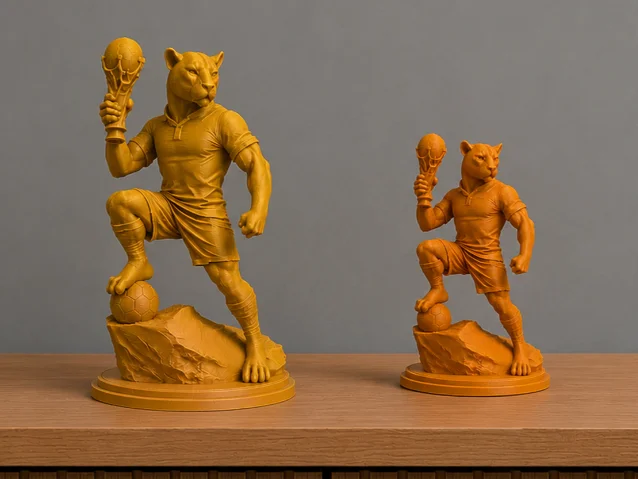 Two gold-toned 3D printed anthropomorphic jaguar figurines in soccer uniforms, each standing on one leg with a foot on a soccer ball and raising a championship trophy, displayed on a wooden shelf