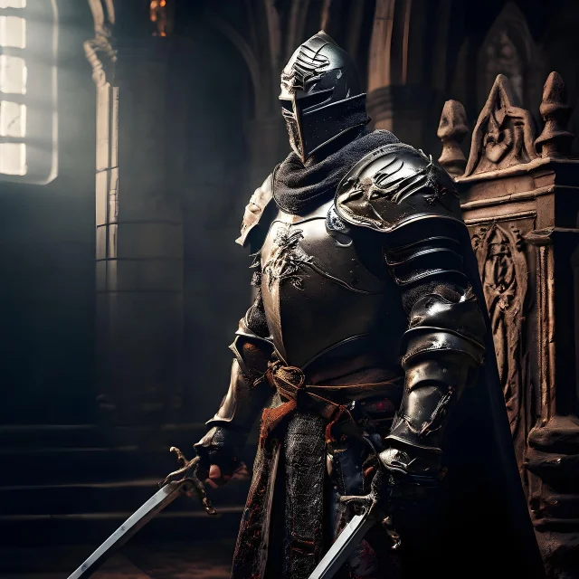 A dark armored warrior in fantasy battle dress, representing the imposing presence of a Warhammer 40K figure
