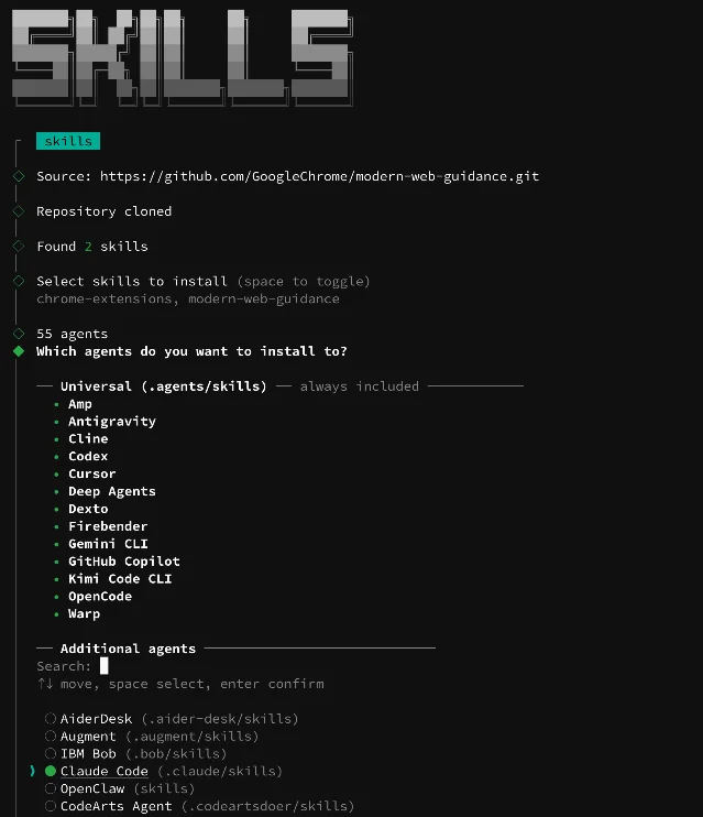 Terminal install wizard showing agent selection options including Antigravity, Codex, Cursor, Gemini CLI, GitHub Copilot, Claude Code