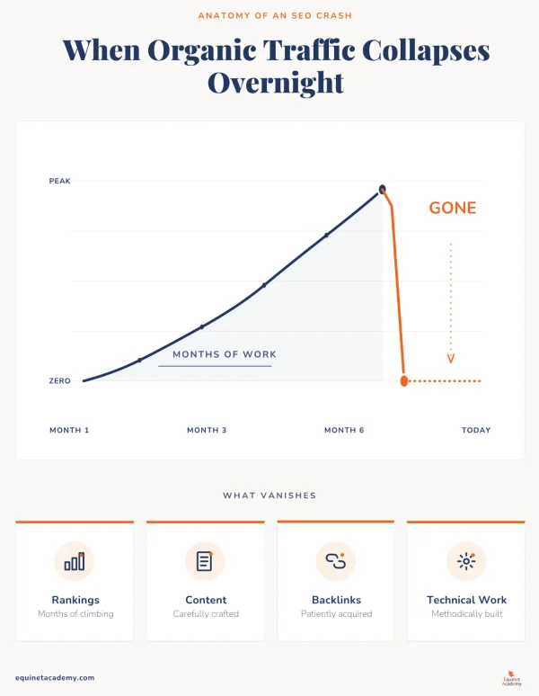 Organic traffic collapses overnight — ranking assets disappear simultaneously