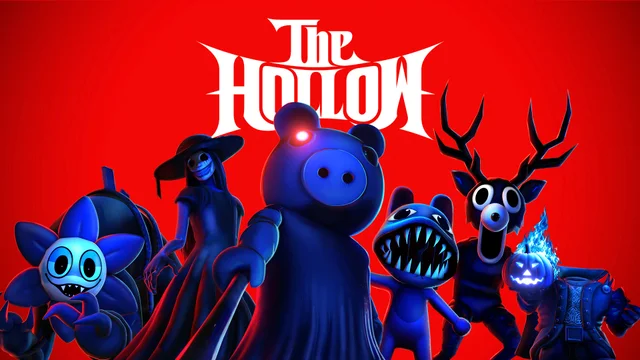 Six blue-lit monsters against a solid red background under the words The Hollow: a flower-headed figure at the far left, a witch in a wide hat, a large pig in the centre, a shark-faced creature, an antlered deer, and a figure holding a burning jack-o'-lantern