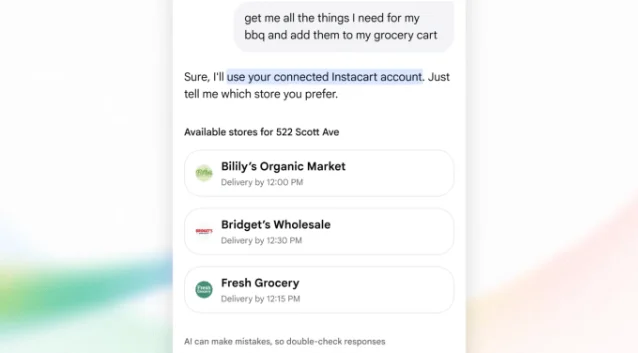 AI Mode 中把食材加入 Instacart 购物车前的门店选择