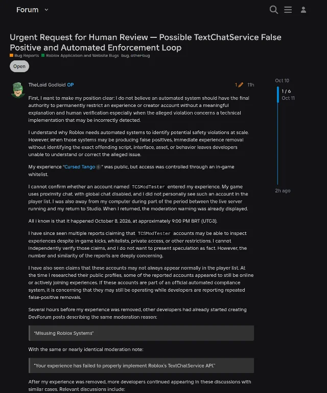 First post of a Developer Forum bug report about TextChatService moderation