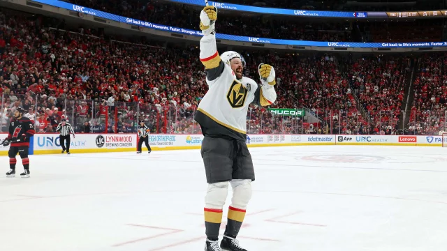 Tomas Hertl celebrates after scoring the go-ahead goal at 16:36 of the third period in Game 1 at Lenovo Center