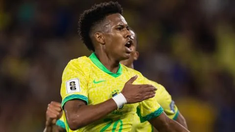 Estevao Willian of Brazil celebrates after scoring