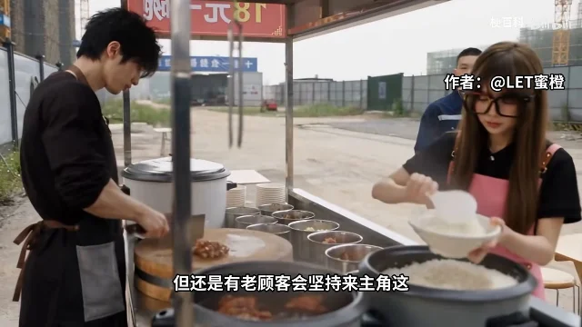 两个人站在路边的炒饭摊前，左边的人低头切菜，右边穿围裙的人正在盛饭，画面右上角标着「作者：@LET蜜橙」