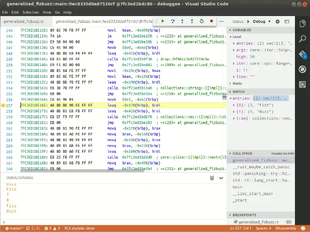 CodeLLDB disassembly view showing instruction-level debugging interface