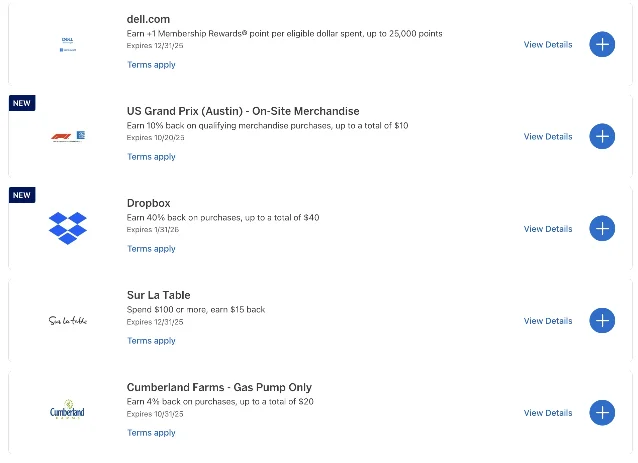 Screenshot of Amex Offers listing showing sample merchant offers with logos, rules, and expiration dates