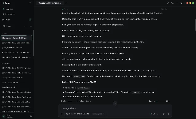 Zinley's desktop agent workspace showing a scheduled X post that failed with an API 403