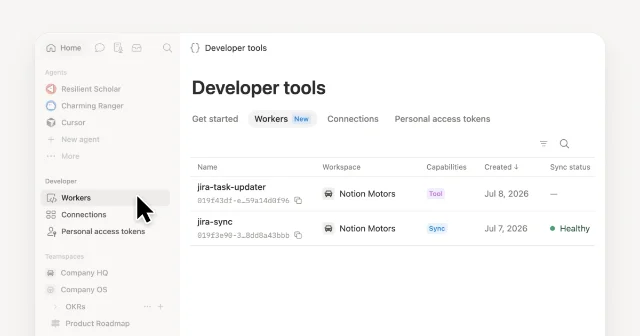 Notion Developer tools page with Workers, Connections, and Personal access tokens in the sidebar