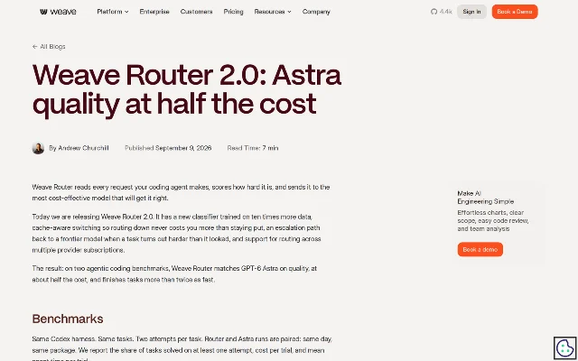 Launch post page for Weave Router 2.0, showing the headline, the author byline and the date September 9, 2026