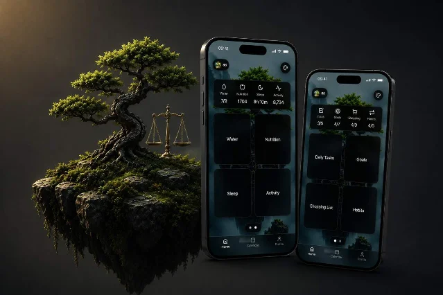 SelfOS shows a bonsai beside two phones with eight optional modules for health and planning