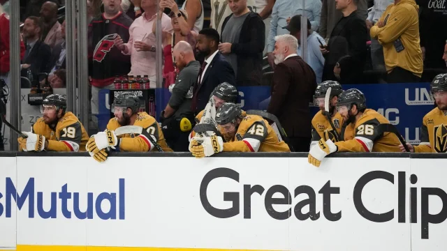 Vegas Golden Knights players slumped at the bench during the closing minutes of Stanley Cup Final Game 6