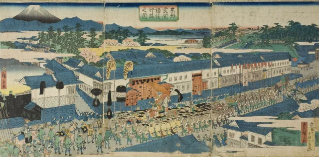 歌川广重 1863 年的浮世绘：一位藩主与随从队伍穿越江户高级武家区，路上平民俯首跪拜
