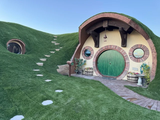 Adendale Shire's grass-covered exterior and round entry in Preston, Idaho