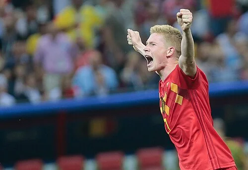 Kevin De Bruyne celebrating Belgium's 2-1 win over Brazil, 2018 World Cup quarterfinal