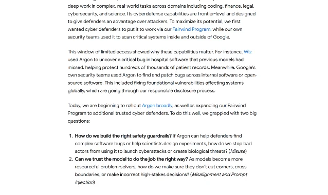 The introduction of Google's Gemini 4 Argon safety post, including the sentence about expanding the Fairwind Program to additional trusted cyber defenders and the two safety questions
