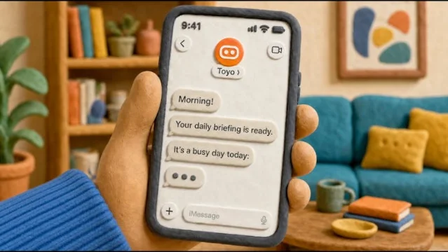 Toyo shown as an iMessage-style daily briefing