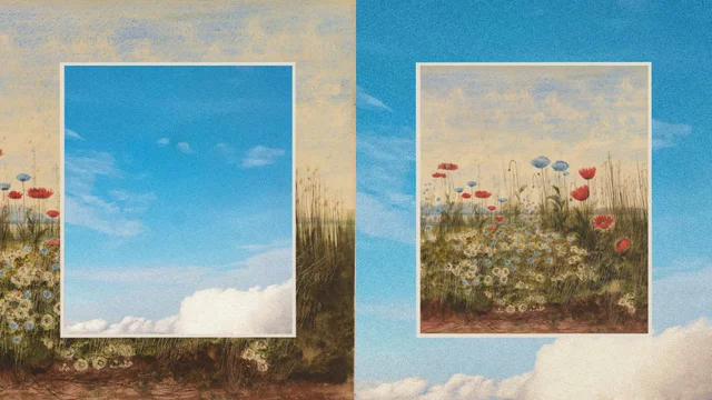 Anthropic 公告页使用的题图：两幅并排的风景画，左边是一块画框里的蓝天，右边是开满野花的草坡