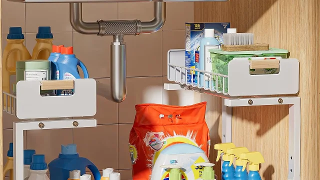 The inside of a sink cabinet, with the metal drain pipe and its trap descending through the middle and cleaning products standing on pull-out trays on both sides.