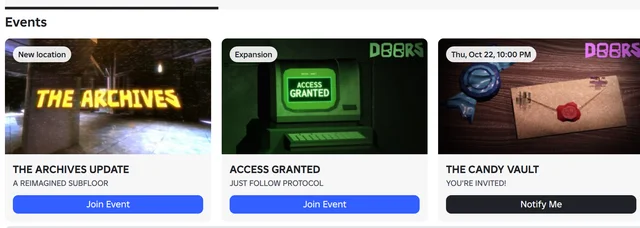 A screenshot of DOORS' Events rail: three cards reading THE ARCHIVES UPDATE, ACCESS GRANTED and THE CANDY VAULT, the last one carrying the pill "Thu, Oct 22, 10:00 PM" and a black Notify Me button while the other two carry blue Join Event buttons