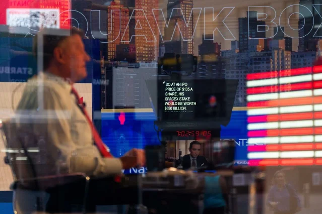 SpaceX Nasdaq IPO debut monitor at Nasdaq MarketSite, New York, June 12