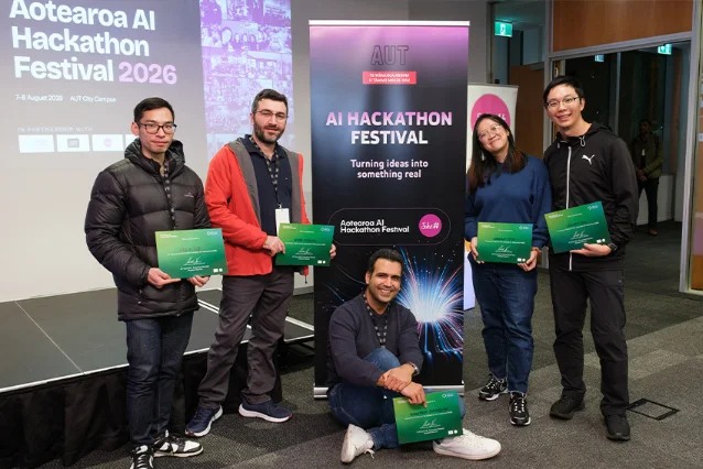 Five participants hold certificates at the AUT Aotearoa AI Hackathon Festival