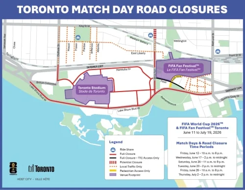 Match-day road closures and local-traffic restrictions around Toronto Stadium and the Fan Festival
