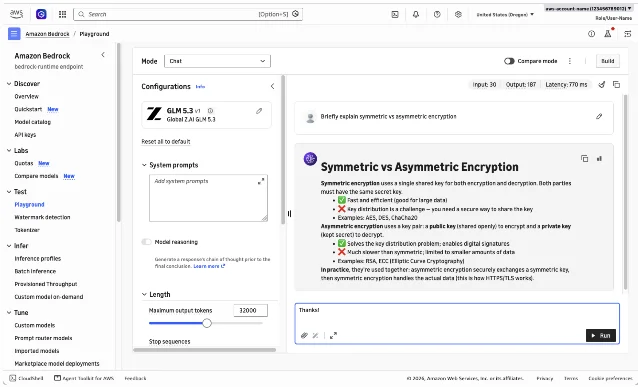Amazon Bedrock 控制台 Playground：模型栏选中的是 GLM 5.3