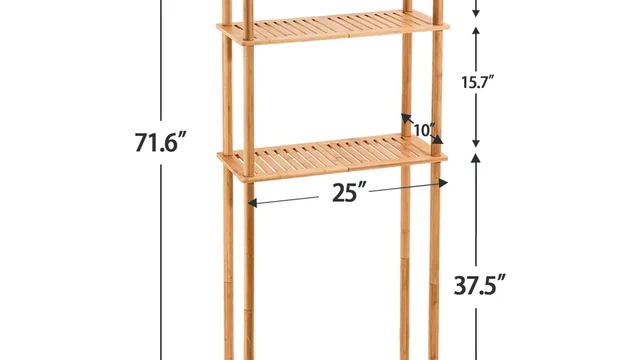 A dimension drawing of a three-tier bamboo over-the-toilet shelf, marked 71.6 inches overall height, 25 inches wide, 10 inches deep, 15.7 inches between shelves and 37.5 inches from the floor to the bottom shelf