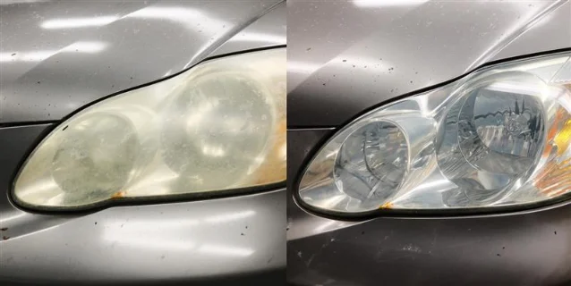A single car headlight photographed twice side by side on a silver car: the left lens is hazy and yellowed, the right lens is clear and shows the chrome reflector and a bulb behind it