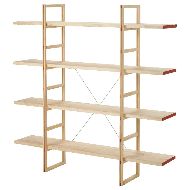 IKEA PS 2026 pine shelving unit showing red-painted shelf edges against a plain background