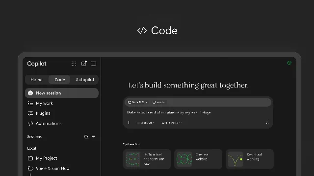 Screenshot of the Copilot Code tab in dark mode with a plain-language request to build a dashboard by region and stage, a GPT-6 Astra model selector and a local environment selector