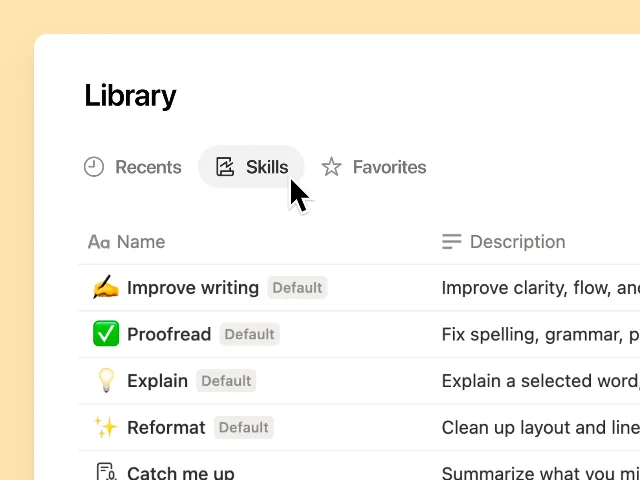 Notion's Library with the Skills tab selected, showing a Name and Description table of skills