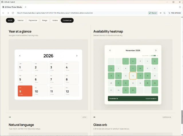 GitHub Copilot date-picker prototypes shown as a grid of 20 interface variations, including a year-at-a-glance view and an availability heatmap