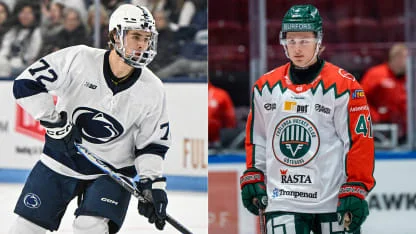 Gavin McKenna in Penn State uniform and Ivar Stenberg in Frölunda jersey side-by-side comparison