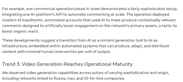 Meta《H2 2026 Adversarial Threat Report》第 36 页正文截图,上半部分是那条以色列来源商业行动的描述,下面是 AI 从内容生成工具变成基础设施的判断句